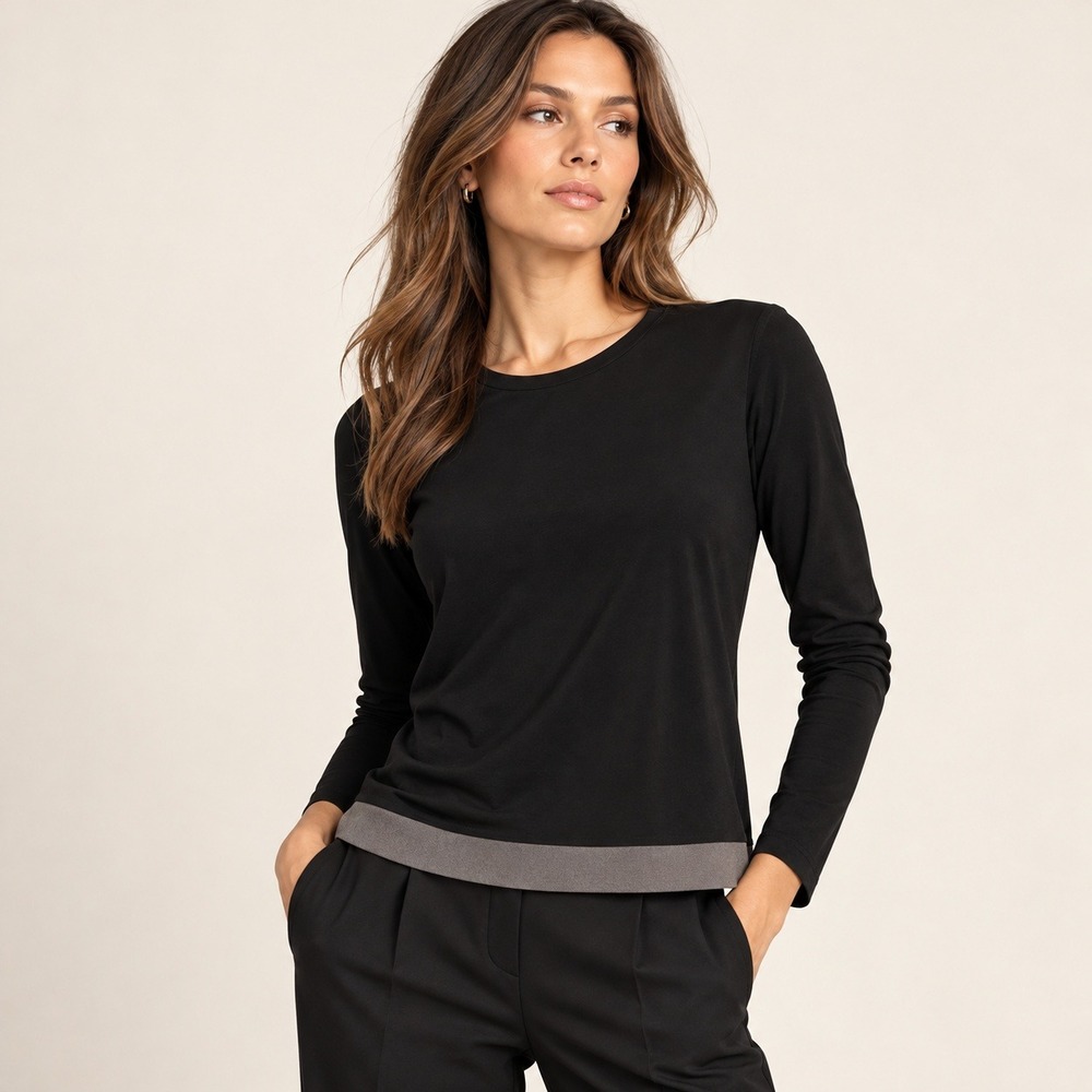 Lida Baday Womens Black Jersey Long Sleeve Top S Taupe Hem Minimalist Work Fall